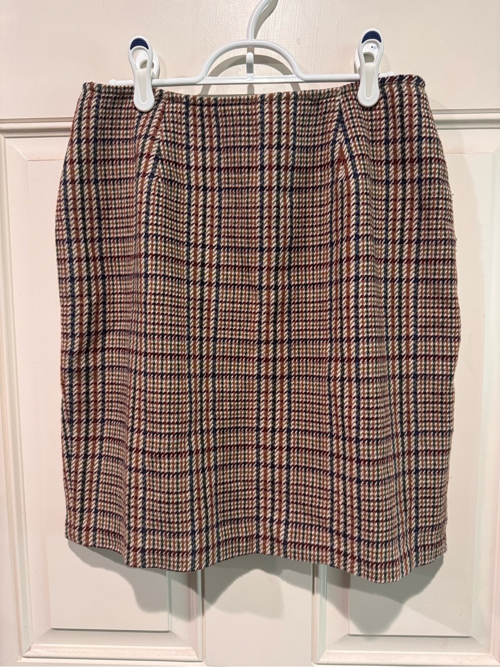 Classic Plaid Pencil Skirt in Brown Check wool fall style Hugo Buscati USA made